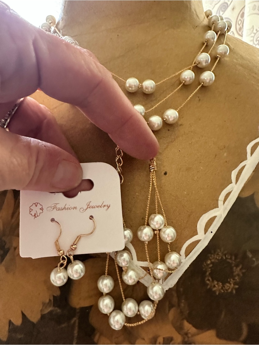 Fashion Jewelry Gold-Tone Pearl Multi-Strand Necklace and Earrings and bracelet